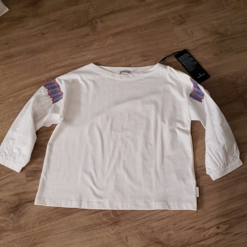 NWT Moncler White Feminine Luxury Basic 3/4 Sleeve Cotton Blouse Size Medium